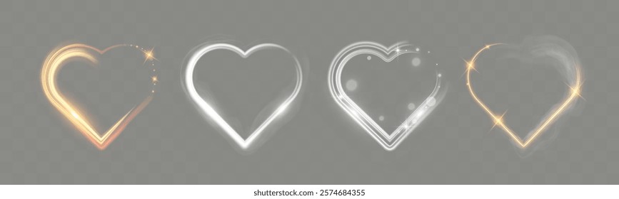 Glowing heart shapes with sparkles and light effects on dark transparent background. Designs include fiery, golden, and neon elements suitable for romantic or festive themes.	