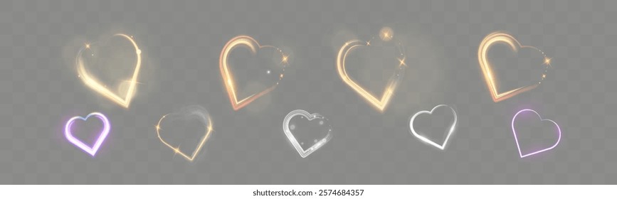 Glowing heart shapes with sparkles and light effects on dark transparent background. Designs include fiery, golden, and neon elements suitable for romantic or festive themes.	