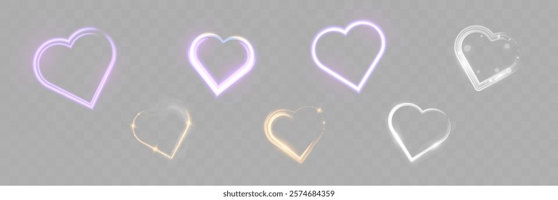 Glowing heart shapes with sparkles and light effects on dark transparent background. Designs include fiery, golden, and neon elements suitable for romantic or festive themes.	