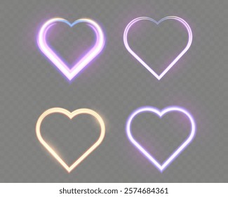 Glowing heart shapes with sparkles and light effects on dark transparent background. Designs include fiery, golden, and neon elements suitable for romantic or festive themes.	