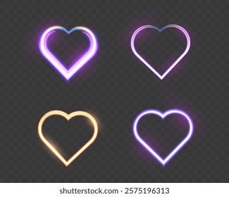 Glowing heart shapes with sparkles and light effects on dark transparent background. Designs include fiery, golden, and neon elements suitable for romantic or festive themes.