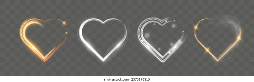 Glowing heart shapes with sparkles and light effects on dark transparent background. Designs include fiery, golden, and neon elements suitable for romantic or festive themes.