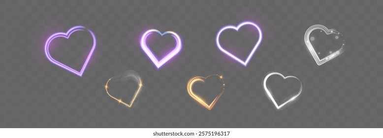 Glowing heart shapes with sparkles and light effects on dark transparent background. Designs include fiery, golden, and neon elements suitable for romantic or festive themes.