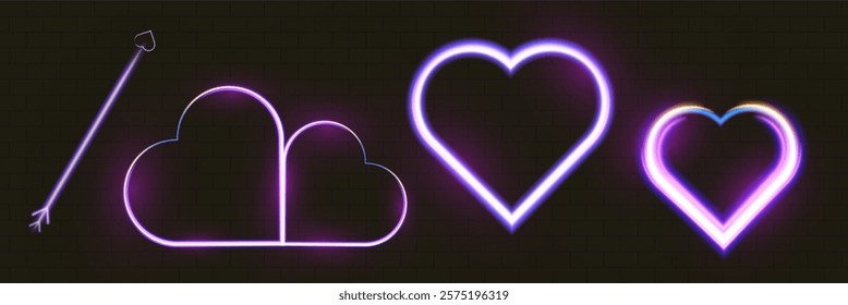 Glowing heart shapes with sparkles and light effects on dark transparent background. Designs include fiery, golden, and neon elements suitable for romantic or festive themes.