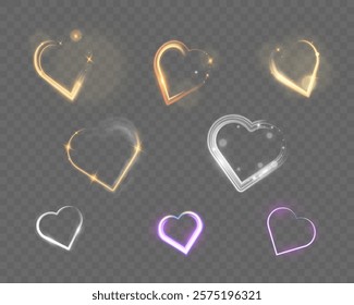 Glowing heart shapes with sparkles and light effects on dark transparent background. Designs include fiery, golden, and neon elements suitable for romantic or festive themes.