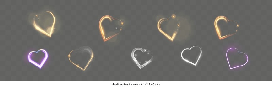 Glowing heart shapes with sparkles and light effects on dark transparent background. Designs include fiery, golden, and neon elements suitable for romantic or festive themes.