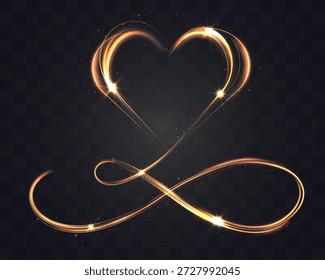 Coração brilhante se transformando em um símbolo infinito feito de trilhas de luz luminosa e brilhos. Conceito romântico abstrato simbolizando amor eterno, paixão e conexão interminável em um fundo escuro.