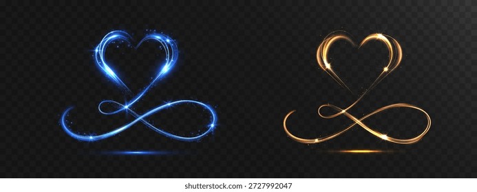 Coração brilhante se transformando em um símbolo infinito feito de trilhas de luz luminosa e brilhos. Conceito romântico abstrato simbolizando amor eterno, paixão e conexão interminável em um fundo escuro.