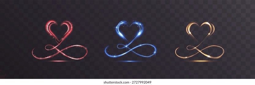 Coração brilhante se transformando em um símbolo infinito feito de trilhas de luz luminosa e brilhos. Conceito romântico abstrato simbolizando amor eterno, paixão e conexão interminável em um fundo escuro.