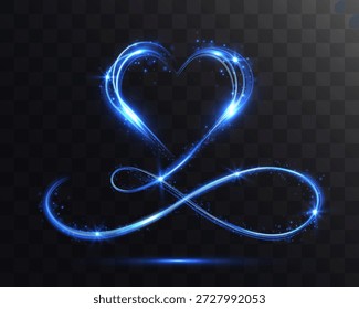 Coração brilhante se transformando em um símbolo infinito feito de trilhas de luz luminosa e brilhos. Conceito romântico abstrato simbolizando amor eterno, paixão e conexão interminável em um fundo escuro.