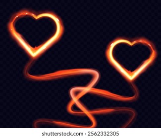 Glowing hearts connected by a bright light trail on a dark background.