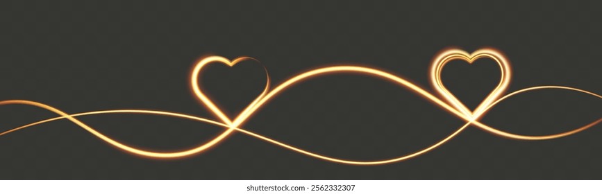 Glowing hearts connected by a bright light trail on a dark background.