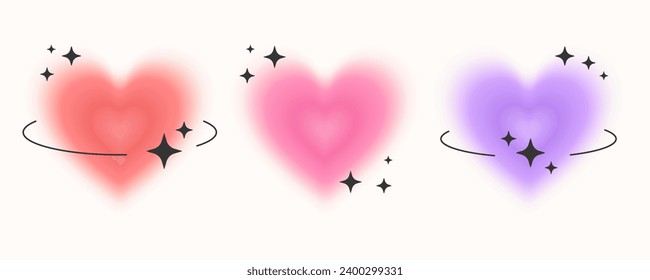 Glowing hearts with frames, Y2K Valentine day stickers, blurred aura love symbols in retro aesthetic. Vector illustration.