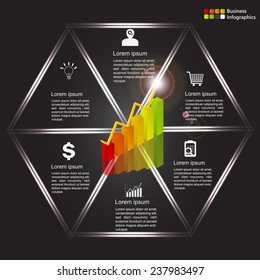 Glowing Hexagon Infographic Template on Black Background, Graph/Chart , Icon & Text Infomation, Financial and Business Infographic. Vector Illustration
