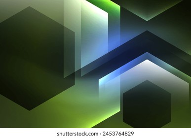 The glowing hexagon resembles a Triangle with tints and shades of electric blue on a green background. It showcases symmetry, a fixture of patterns and graphics, resembling a font on the ceiling