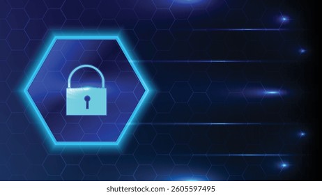A glowing hexagonal lock icon on dark abstract background with network of hexagonal patterns and streaks of light, symbolizing digital security, technology, and internet communication