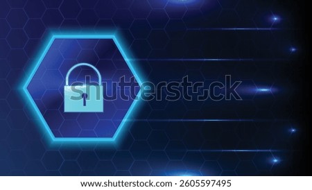 A glowing hexagonal lock icon on dark abstract background with network of hexagonal patterns and streaks of light, symbolizing digital security, technology, and internet communication