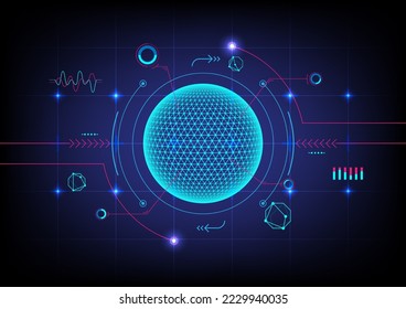 Glowing hi-tech circles have a mesh on their surface. There are many lines and elements. There are glowing dots, there is a grid below, on a blue gradient background.