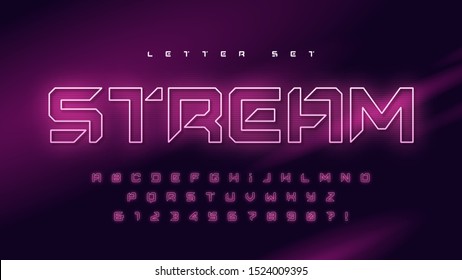 Glowing holographic uppercase letter set, vector alphabet, typography.