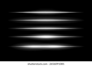 Feixes horizontais brilhantes dispostos em pilha vertical com luz simétrica espalhada. As bordas cortantes desvanecem-se suavemente em plano de fundo escuro, criando um efeito de movimento futurista.