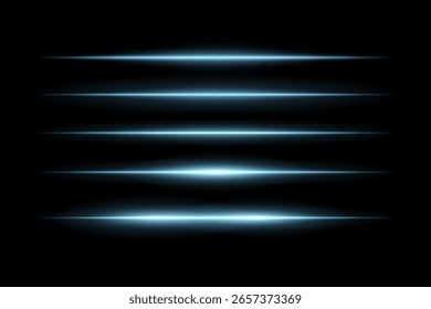 Feixes horizontais brilhantes dispostos em pilha vertical com luz simétrica espalhada. As bordas cortantes desvanecem-se suavemente em plano de fundo escuro, criando um efeito de movimento futurista.