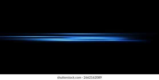 Glowing horizontal blue light line with radiant shine and beam effect. Futuristic flare, and neon glow. digital highlights.