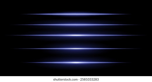 Glowing horizontal blue light set. Bright neon laser lines on a dark background. Futuristic technology, sci-fi elements, digital energy beams, abstract light streaks. Modern cyberpunk high-tech design