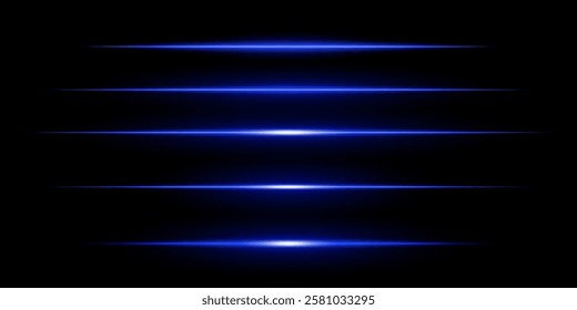 Glowing horizontal blue light set. Bright neon laser lines on a dark background. Futuristic technology, sci-fi elements, digital energy beams, abstract light streaks. Modern cyberpunk high-tech design