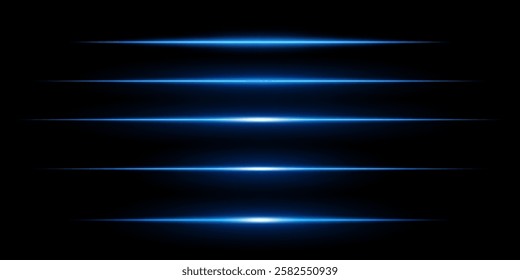 Glowing horizontal blue light set. Bright neon laser lines on a dark background. Futuristic technology, sci-fi elements, digital energy beams, abstract light streaks. Modern cyberpunk high-tech design