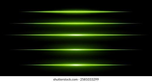 Glowing horizontal green light set. Bright neon laser lines on dark background. Futuristic technology, sci-fi elements, digital energy beams, abstract light streaks. Modern cyberpunk high-tech design