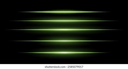 Glowing horizontal green light set. Bright neon laser lines on dark background. Futuristic technology, sci-fi elements, digital energy beams, abstract light streaks. Modern cyberpunk high-tech design