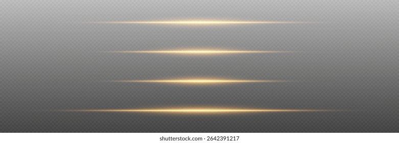 Glühende horizontale Lichtstrahlen mit goldenen Funkeln auf transparentem Hintergrund für Magie- oder Science-Fiction-Effekte.