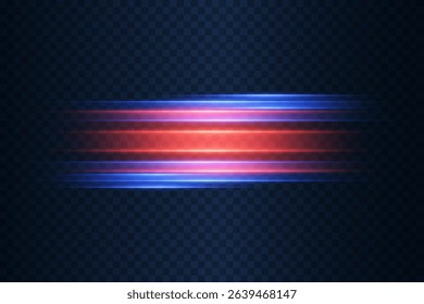 Glowing horizontal light stripes in red and blue on a transparent background to create a motion effect or futuristic design.