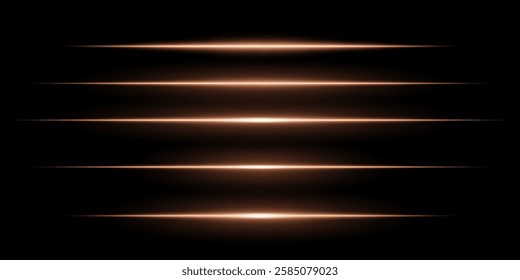 Glowing horizontal orange light set. Bright neon laser lines dark background. Futuristic technology, sci-fi elements, digital energy beams, abstract light streaks. Modern cyberpunk high-tech design