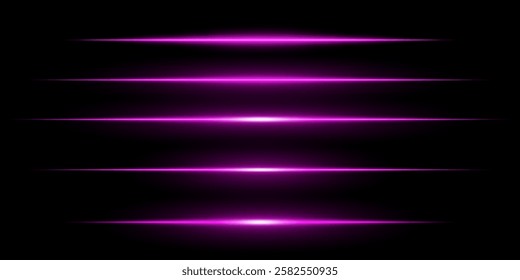 Glowing horizontal pink light set. Bright neon laser lines on a dark background. Futuristic technology, sci-fi elements, digital energy beams, abstract light streaks. Modern cyberpunk high-tech design