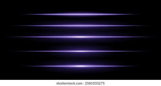 Glowing horizontal purple light set. Bright neon laser lines dark background. Futuristic technology, sci-fi elements, digital energy beams, abstract light streaks. Modern cyberpunk high-tech design