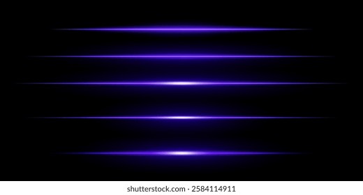 Glowing horizontal purple light set. Bright neon laser lines dark background. Futuristic technology, sci-fi elements, digital energy beams, abstract light streaks. Modern cyberpunk high-tech design