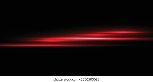 Glowing horizontal red light line with glow and beam effect. Futuristic energy tape with shimmer, glare and neon glow.