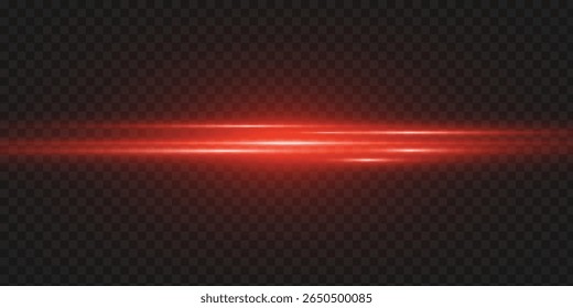 Glowing horizontal red light line with glow and beam effect. Futuristic energy tape with shimmer, glare and neon glow.