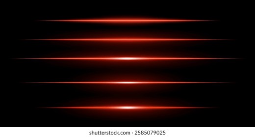 Glowing horizontal red light set. Bright neon laser lines on a dark background. Futuristic technology, sci-fi elements, digital energy beams, abstract light streaks. Modern cyberpunk high-tech design