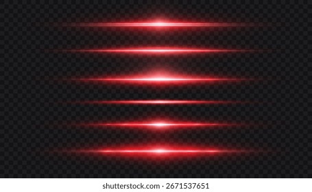 Rayas de luz roja Horizontal brillante con llamaradas brillantes sobre fondo transparente. Líneas de brillo futuristas para superposiciones de ciencia ficción, Anuncios, efectos digitales, interfaces y diseño moderno.