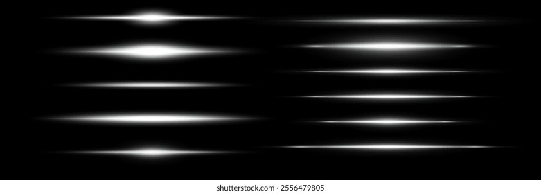 Glowing horizontal stripes.Set of white rays.Abstract sparkling dark background.Vector illustration.