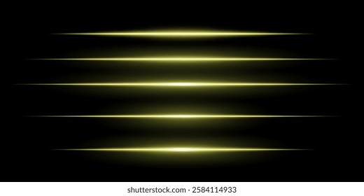 Glowing horizontal Yellow light set. Bright neon laser lines dark background. Futuristic technology, sci-fi elements, digital energy beams, abstract light streaks. Modern cyberpunk high-tech design