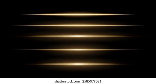 Glowing horizontal Yellow light set. Bright neon laser lines dark background. Futuristic technology, sci-fi elements, digital energy beams, abstract light streaks. Modern cyberpunk high-tech design