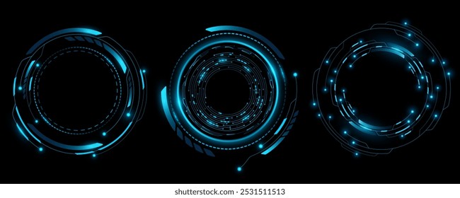 Glowing HUD circles set. Futuristic elements for sci-fi interface. Abstract technology. Digital hi-tech object for ui and gui design. Cyber frame. Vector illustration. EPS 10.