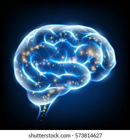 Glowing human brain with nerve cells. Stock vector illustration.