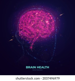 Glowing human brain vector illustration made of neon particles. Bright magic brain health concept art in modern abstract style consists of colorful dots.