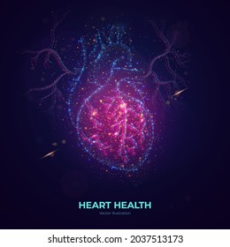 Glowing Human Heart Vector Illustration Made Of Neon Particles. Bright Magic Heart Health Concept Art In Modern Abstract Style Consists Of Colorful Dots.