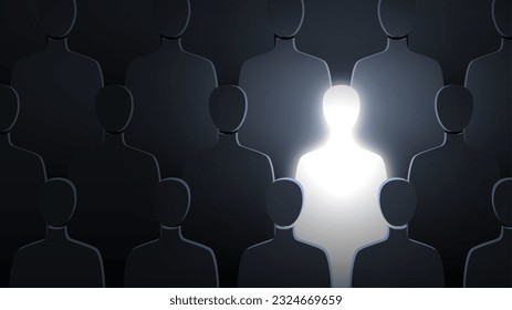 A glowing human is standing in the crowd. A different concept of mindset, innovation, leadership, and creative ideas