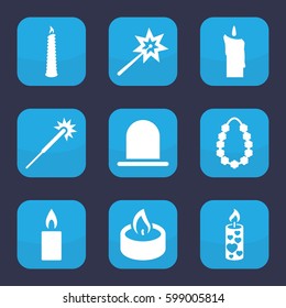 glowing icon. Set of 9 filled glowing icons such as siren, sparklers, candle